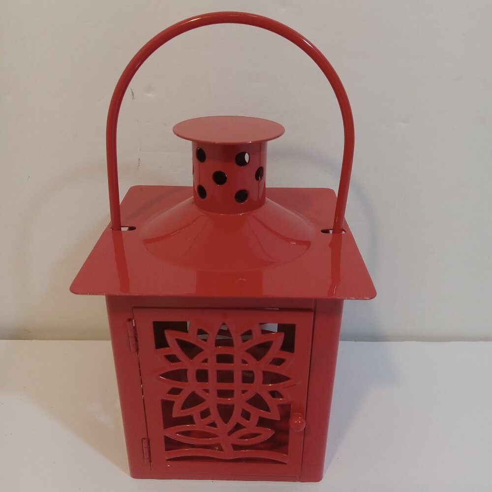 HMK Lantern Candle Tea Light Holder Red Metal Floral Door Opens Handle Free Gift